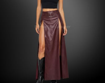 Women's Handmade Burgundy Cowhide Leather Maxi Skirt - High Double Side Slit Long Leather Skirt with Belt - Western Gothic