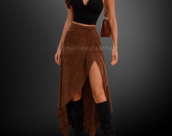 Women's Brown Genuine Suede Leather Wrap Skirt - Handmade Asymmetrical High-Low Midi Skirt - Boho Western Festival Cowgirl Skirt