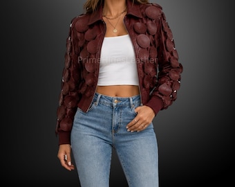 Women's Burgundy Genuine Leather Bomber Jacket- Handmade Cropped Leather Jacket-Designer Circle Applique Coat- Fashion Outerwear