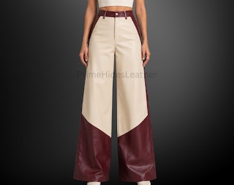 Pantalon palazzo taille haute en cuir de mouton véritable pour femme - Modèle à jambes larges beige et bordeaux - Color block