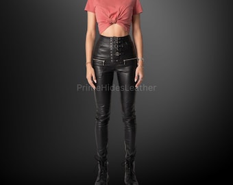 Women’s Black Genuine Sheep Leather High Waist Pants – Handmade Slim Fit Buckle Front Leather Trousers Gothic Biker Style