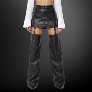 Women’s Handmade Black Genuine Sheep Leather Suspender Chaps Skirt – Detachable Thigh High Leather Chaps image 1