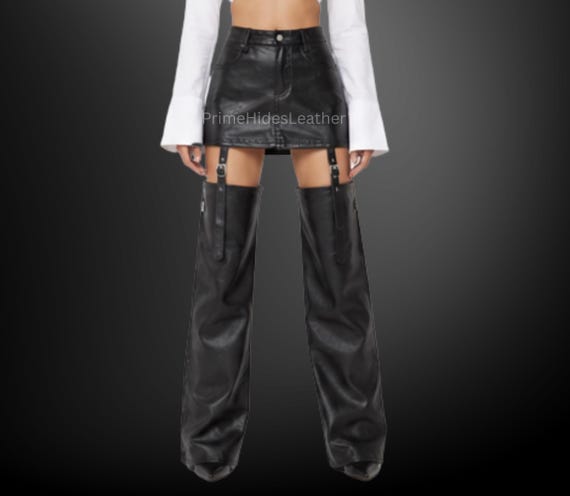 Women’s Handmade Black Genuine Sheep Leather Suspender Chaps Skirt – Detachable Thigh High Leather Chaps