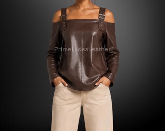 Chemisier à épaules dénudées en cuir de mouton véritable marron chocolat foncé pour femme - Blouse artisanale en cuir de mouton à épaules dénudées