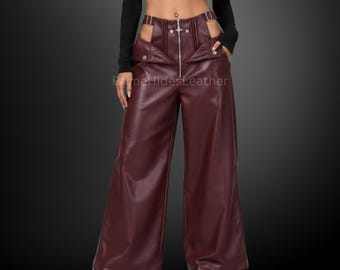 Pantalon large découpé en cuir de mouton véritable pour femme - Pantalon taille haute en cuir bordeaux - Streetwear punk gothique