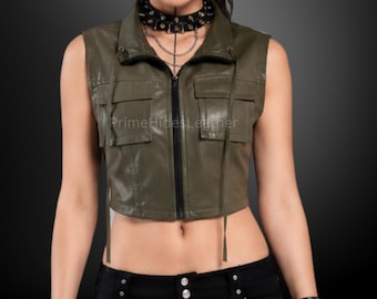 Gilet utilitaire court en cuir de mouton véritable pour femme - Haut court zippé en cuir vert olive - Veste de motard gothique style festival Y2K