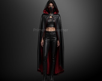 Cape à capuche en cuir noir pour femme avec doublure rouge - Cape de vampire pour Halloween - Cape gothique à capuche - Tenue de cosplay et de festival