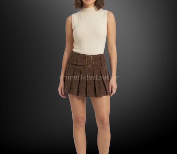 Women Handmade Genuine Suede Leather Pleated Skirt - High Waist Belted Mini Skirt Retro Gothic Style