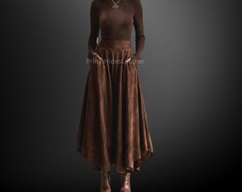Women's Handmade Brown Suede Leather Maxi Skirt, High Waist A-Line Skirt, Asymmetrical Hem Skirt, Elegant Leather Skirt