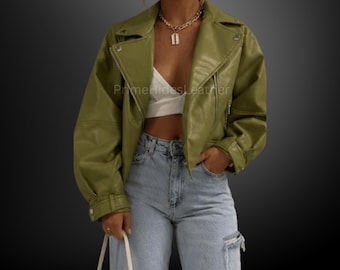 Veste motard courte femme vert olive en cuir de mouton véritable - Veste moto en cuir faite main - Manteau tendance oversize Cadeau