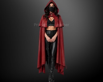 Cape à capuche en cuir de vachette rouge faite main pour femme, cape gothique à capuche, cape de cosplay médiévale, costume de festival de vampire