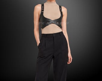 Ceinture harnais en cuir véritable faite main pour femme - Harnais réglable en cuir de vachette noir - Mode gothique festival