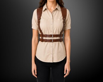 Ceinture harnais pour femme en cuir véritable - Harnais marron fait main - Accessoire tendance tendance réglable
