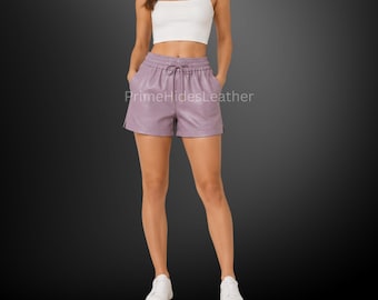 Short en cuir de mouton lavande pour femme, taille haute élastique, short en cuir de mouton véritable, short d'été décontracté
