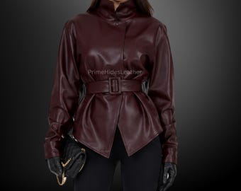 Veste à basque en cuir de vachette véritable bordeaux faite main pour femme - Chemisier en cuir à col haut et manches longues, manteau élégant à la taille ajustée