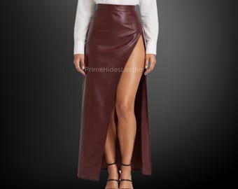 Women’s Handmade Burgundy Genuine Cowhide Leather Maxi Skirt – High Waist Side Slit Leather Skirt
