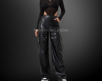 Pantalon cargo noir en cuir de mouton véritable pour femme - Pantalon utilitaire taille haute à jambes larges - Style gothique Y2K streetwear fait main