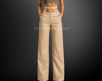 Pantalon palazzo beige en cuir de mouton véritable pour femme, taille haute, jambes larges et découpes - Pantalon en cuir fait main - Un modèle tendance
