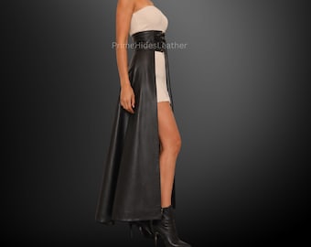 Jupe-corset en cuir de vachette noir faite main pour femme, style gothique, ceinture serre-taille, jupe longue à lacets, tenue de festival
