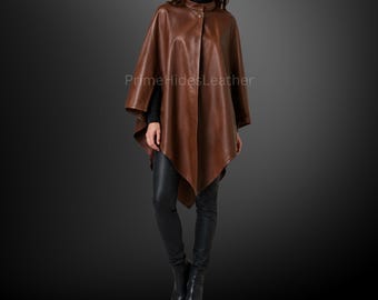Poncho cape en cuir de vachette marron fait main pour femme - Cape oversize en cuir véritable - Cape western - Manteau d'hiver - Style gothique