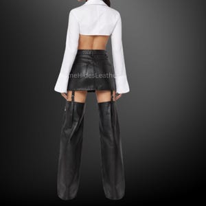Women’s Handmade Black Genuine Sheep Leather Suspender Chaps Skirt – Detachable Thigh High Leather Chaps image 4