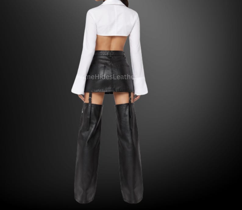 Women’s Handmade Black Genuine Sheep Leather Suspender Chaps Skirt – Detachable Thigh High Leather Chaps image 4