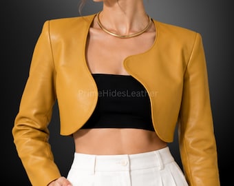 Veste courte en cuir de mouton véritable pour femme veste boléro jaune moutarde à manches longues ouverte sur le devant chic mode