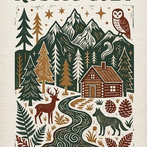 Könnte beinhalten: Ein Druck mit dem Text RUSTIC COZY und EMBRACE THE WILD, CHERISH THE HEARTH. Die Illustration zeigt eine Hütte, Berge, Tannen, einen Hirsch, einen Wolf, eine Eule und Sterne in den Farben Dunkelgrün, Braun und Creme.