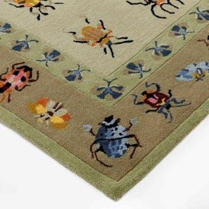 Insect Area Rug, Hand Tufted Wool & Silk Botanical Design, Multiple Sizes