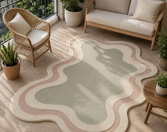 Modern Organic Shape Area Rug for Living Room, Handmade Scandinavian Wool Rug, Contemporary Wavy Carpet, Minimalist Beige Green Abstract Rug