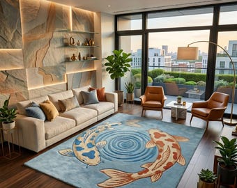 Koi Fish Area Rug, Handmade Tufted Wool Carpet, Japanese Inspired Rug, Zen Living Room Decor, Artistic Contemporary Floor Rug