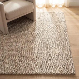 Chunky Beige Wool Area Rug, Handwoven Loop Texture for Cozy Living Rooms and Nurseries