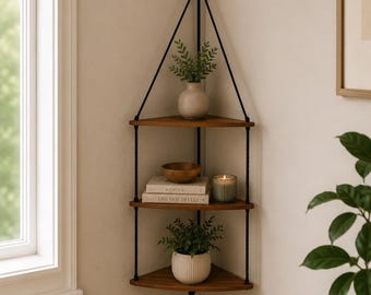 May include: A three-tier corner shelf featuring triangular wooden planks suspended by black ropes. The top shelf holds a light-colored vase with greenery, the middle shelf holds a wooden bowl, two books, and a candle, and the bottom shelf holds a white ribbed pot with a plant.