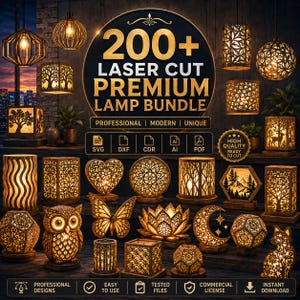 May include: A collection of laser-cut lamps in various shapes and designs, including geometric, floral, and animal motifs. The lamps are illuminated, showcasing intricate patterns. Text on the image reads "200+ Laser Cut Premium Lamp Bundle".