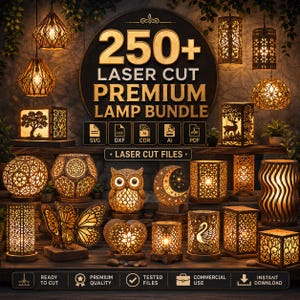 May include: A collection of laser-cut lamps in various shapes and designs, including geometric, animal, and nature-themed patterns. The image features a variety of lamps, including hanging, table, and decorative styles, with the text "250+ Laser Cut Premium Lamp Bundle".