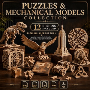 12+ Puzzle SVG Bundle, Mechanical Laser Cut Files, Wooden 3D Models DXF, Gear, Maze, Dinosaur, Eagle, Kinetic & Automata CNC Designs