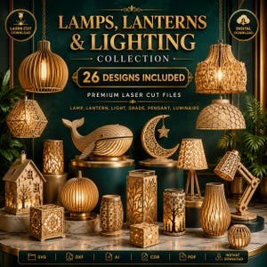 Può includere: Una collezione di 26 design di lampade e lanterne in legno tagliate al laser, tra cui luci a sospensione, lampade da tavolo e forme decorative come una balena e una mezzaluna, con il testo LAMPS, LANTERNS & LIGHTING COLLECTION.