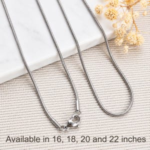 May include: A silver snake chain necklace with a lobster clasp. The necklace is shown in a close-up view, with the text "Available in 16, 18, 20 and 22 inches" at the bottom. The background includes a white surface and dried flowers.