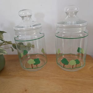 May include: Two clear glass jars with lids. Each jar has a green band around the middle and a design of green trees at the bottom. The jars are sitting on a wooden surface.