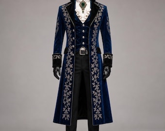 Mens Blue Velvet Gothic Victorian Tailcoat Suit, Royal Prince Wedding Coat, Steampunk Vampire Cosplay Embroidered Long Jacket Custom Bespoke