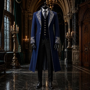 May include: A long navy blue coat featuring white floral embroidery on the lapels and cuffs, worn over a dark velvet waistcoat with gold buttons, a white collared shirt, a dark patterned tie, and black trousers with matching black dress shoes.