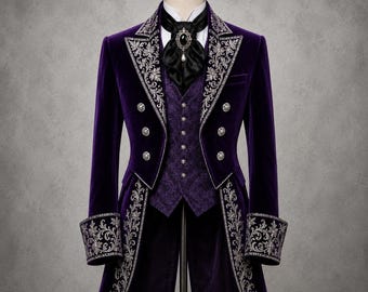 Könnte beinhalten: Ein tiefvioletter Samtgehrock mit aufwendiger silberner Blumenstickerei an Revers und Manschetten, kombiniert mit einer passenden violetten Weste mit Muster, einem schwarzen Satin-Plastron mit zentralem Schmuckstein und silbernen Knöpfen.