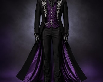 Gothic Vampire Tailcoat Coat, Mens Victorian Wedding Coat, Black Embroidered Long Trench Coat, Dracula Prince Gothic Suit Costume Custom Fit
