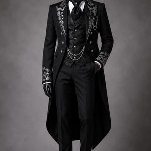 Discover a Royal Black Gothic Long Coat Set inspired by classic Victorian aristocrat fashion. This embroidered tailcoat suit features a refined cotton trench design with elegant gothic detailing, perfect for gothic weddings, steampunk events, Victorian balls, and dark formal occasions. Designed for those who love timeless dark elegance, this aristocratic outfit blends historical style with modern tailoring for a bold gothic statement.