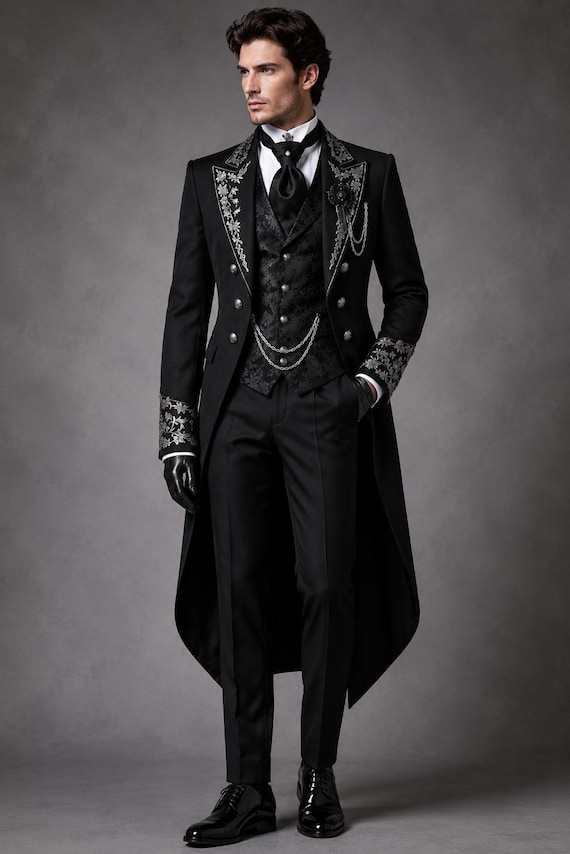 Royal Black Gothic Long Coat Set - Victorian Embroidered Tailcoat Suit, Aristocrat Wedding Outfit, Gothic Wedding Coat, Cotton Trench Coat