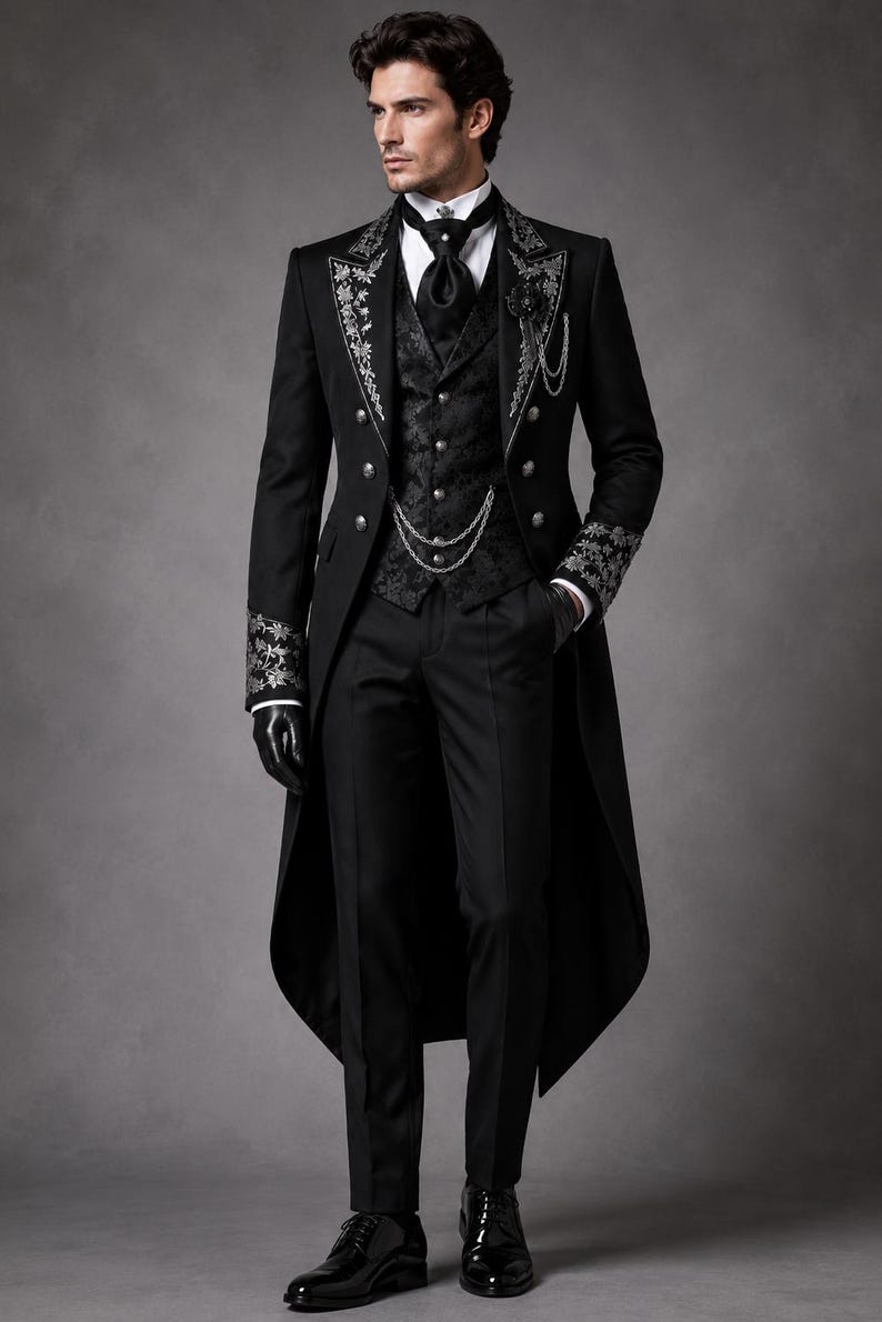 Discover a Royal Black Gothic Long Coat Set inspired by classic Victorian aristocrat fashion. This embroidered tailcoat suit features a refined cotton trench design with elegant gothic detailing, perfect for gothic weddings, steampunk events, Victorian balls, and dark formal occasions. Designed for those who love timeless dark elegance, this aristocratic outfit blends historical style with modern tailoring for a bold gothic statement.