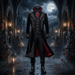 Gothic Vampire Tailcoat Mens Black Victorian Coat with Red Lining, Embroidered Dracula Jacket, Halloween Cosplay Gothic Costume