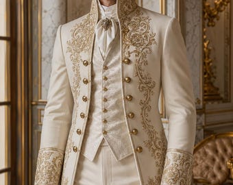 Puede incluir: Una levita de color blanco roto con intrincados bordados dorados en el cuello alto, los puños y los paneles frontales. La chaqueta se lleva sobre un chaleco a juego con estampado, botones dorados y un corbatín blanco con broche.