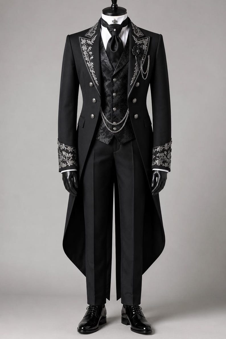 Step into dark Victorian elegance with this black gothic tailcoat ensemble crafted from premium cotton. Featuring subtle embroidery and a dramatic long coat silhouette, this aristocratic formal outfit is ideal for gothic ceremonies, vampire themed events, steampunk fashion lovers, and alternative wedding attire. A timeless dark fashion piece designed for those who appreciate refined gothic style and classic Victorian tailoring.