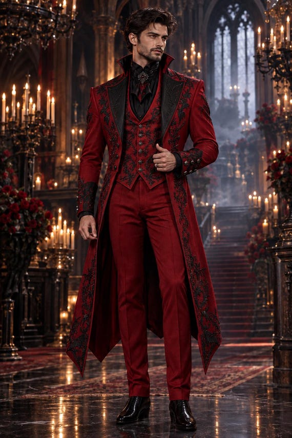 Men's Red Gothic Vampire Tailcoat Suit | Embroidered 3-Piece Victorian Formal Set | Halloween Costume & Gothic Wedding Groom Outfit